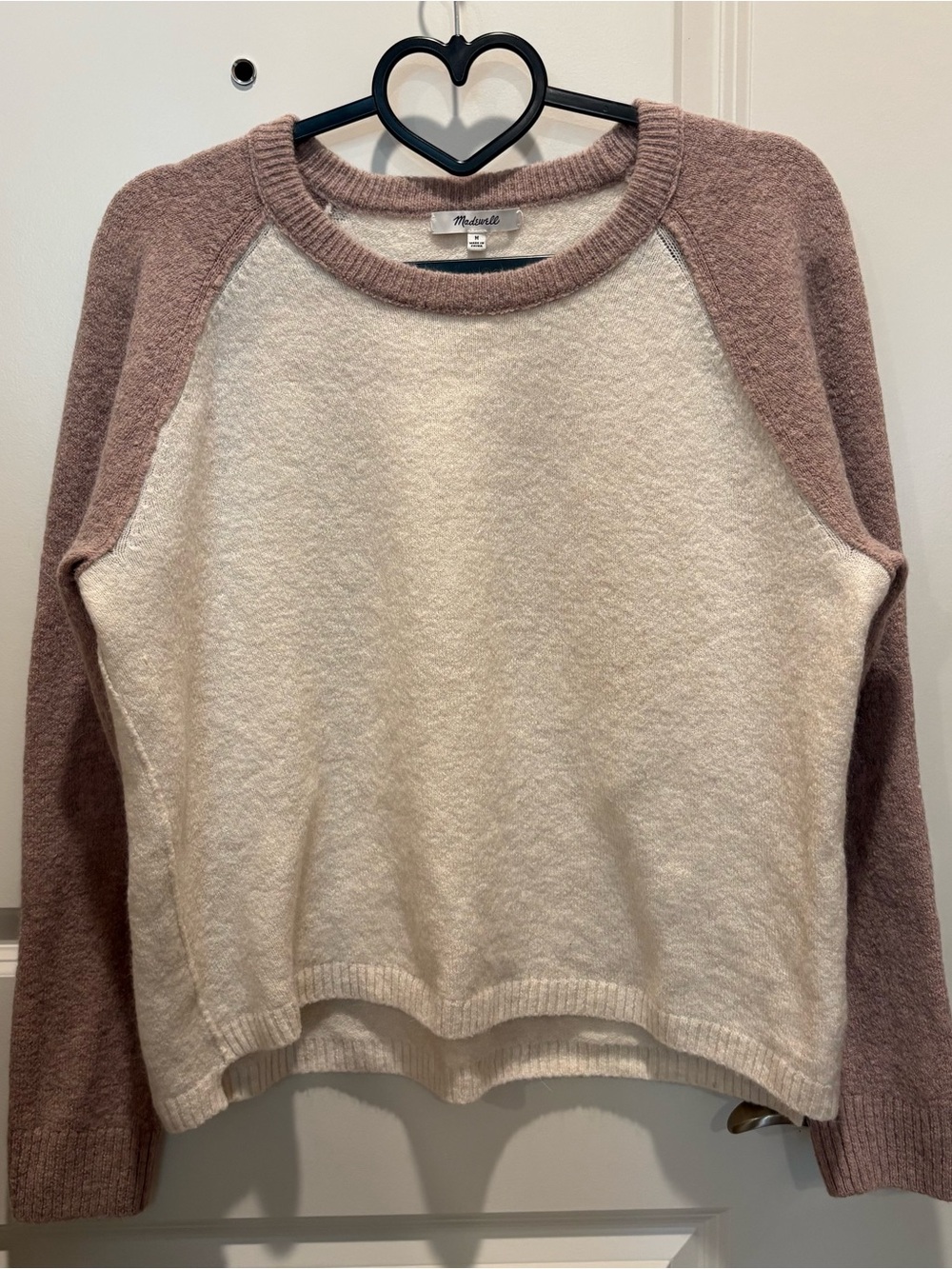 Madewell Wool Blend Cream Body Sweater with Mauve Raglan Sleeves